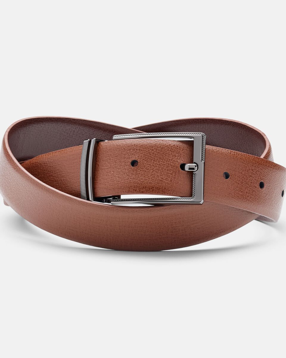 Fine Grain Leather Belt with Textured Pin Buckle, Dark Tan/Light Tan, hi-res